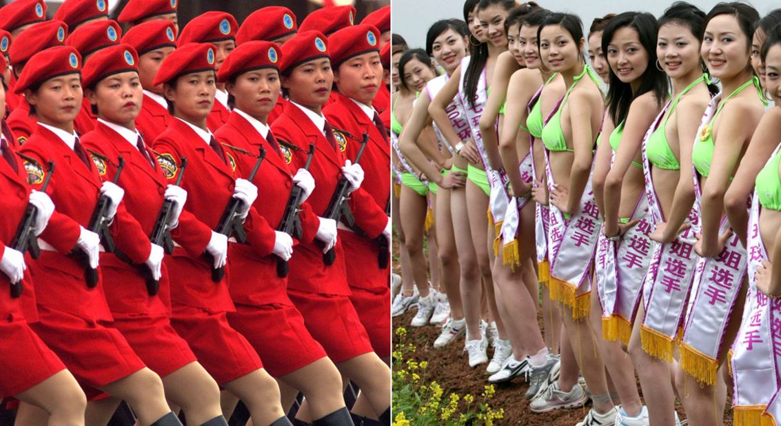 On the left, women in Beijing's civilian militia wear red mini-skirts and carry submachine guns in 1999; on the right, Contestants pose during a bikini photo call for the Miss Chongqing China Universe Pageant in 2007.