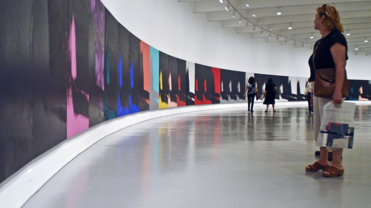 : 	Andy Warhol's painting entitled "Shadows" is longer than a football field. It's currently at the Smithsonian's Hirshhorn Museum. "Shadows" is 450 feet long and it marks the first time all of Warhol's 102 abstract "shadows" series have been shown together, as he intended.