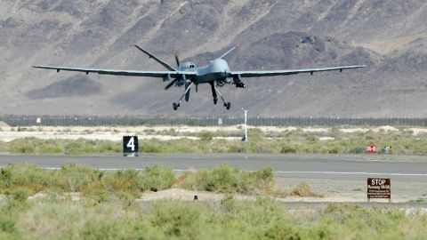 An Air Force "hunter-killer" drone, the Reaper, takes off on a training mission at Creech Air Force Base in Nevada,