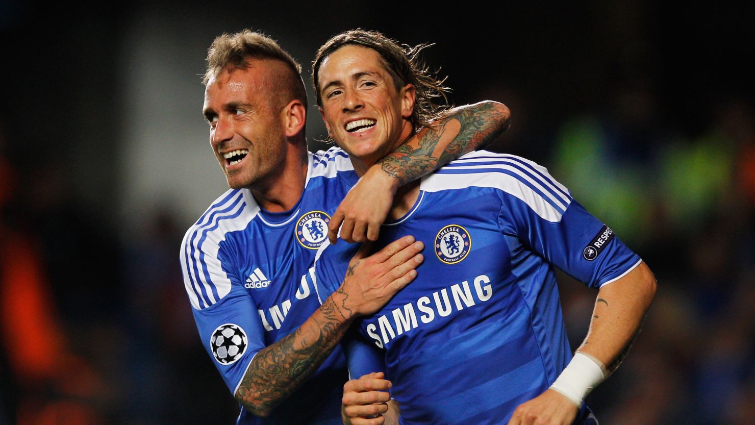 Fernando Torres is congratulated by Raul Mereiles after scoring at Stamford Bridge against Genk 