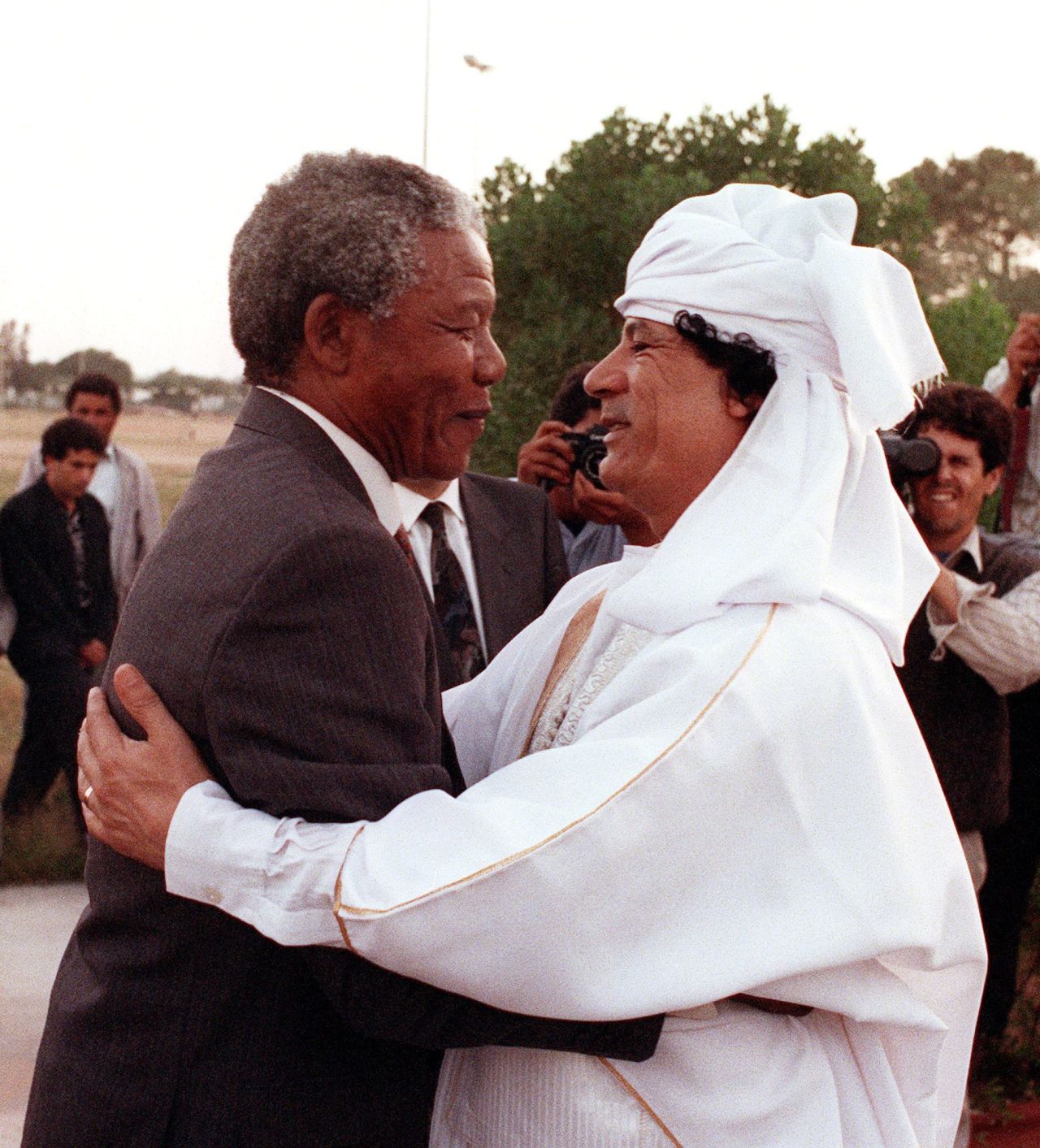 Nelson Mandela, then president of the South African National Congress, greets Gadhafi in Tripoli in May 1990.