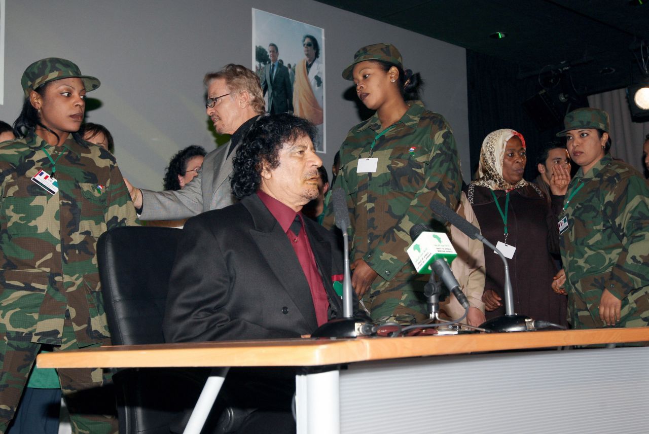 At a 2007 meeting in Paris, Gadhafi is seen surrounded by his female bodyguards.