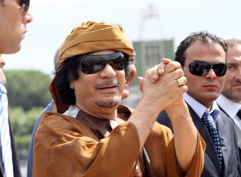 Gadhafi arrives in Italy for talks with Prime Minister Silvio Berlusconi in August 2010.