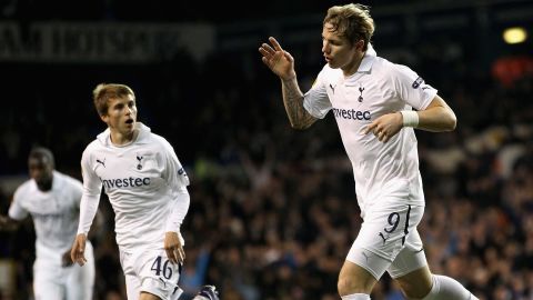 Tottenham striker Roman Pavlyuchenko celebrates scoring the only goal against Rubin Kazan.