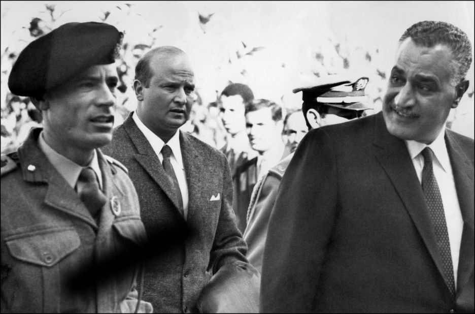 Moammar Gadhafi, left, arrives for an Arab Summit Conference in Rabat, Morocco, with Egyptian President Gamal Abdul Nasser in December 1969, months after taking control of Libya in a bloodless coup.