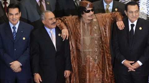 Moammar Gadhafi poses with Zine al-Abidine Ben Ali, Ali Abdullah Saleh and Hosni Mubarak at a summit on October 10, 2010.