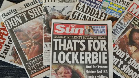 The death of Moammar Gadhafi features on the front of all Britain's newspapers.