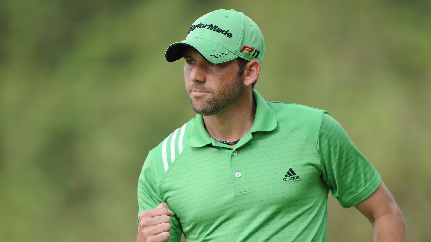Sergio Garcia punches the air after picking up an eagle in his third round at the Castello Masters