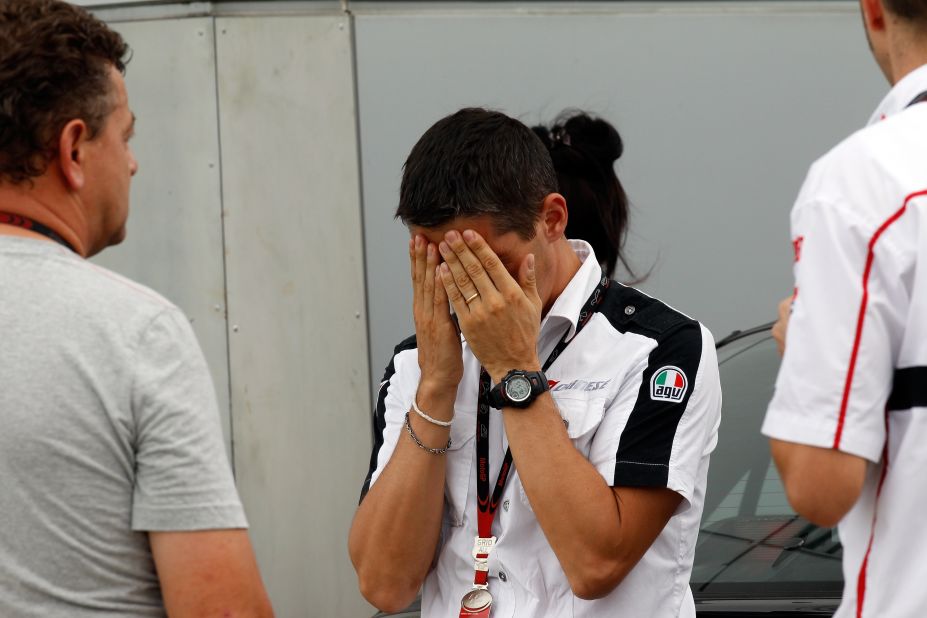 Crew members of Simoncelli's Honda team are left distraught by the tragic events.