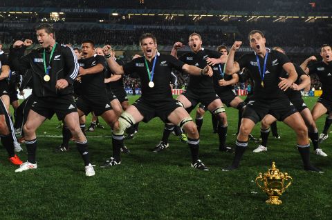 New Zealand's triumphant team perform a victory Haka after their 8-7 win over France