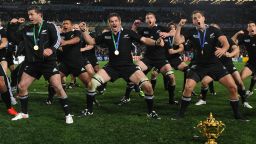 New Zealand's triumphant team perform a victory Haka after their 8-7 win over France