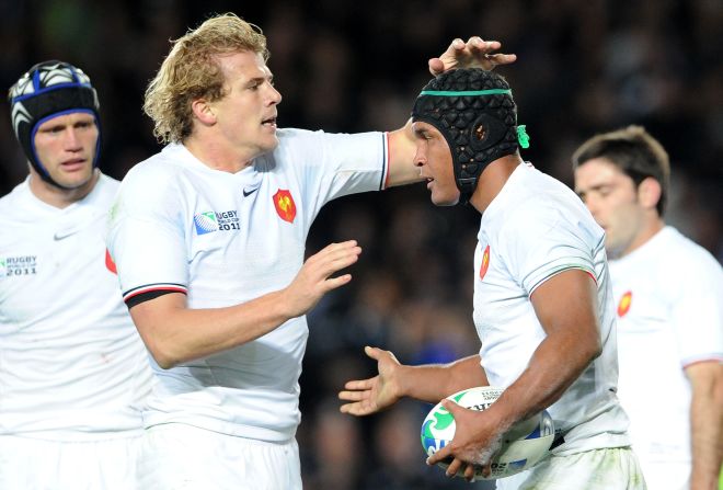 France captain Thierry Dusautoir is congratulated after scoring his side's try at Eden Park