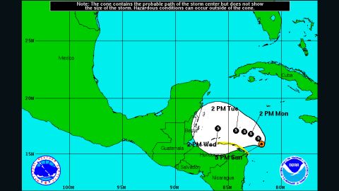 The National Hurricane Center says a tropical depression near Honduras will become Tropical Storm Rina on Sunday or Monday.