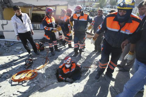 Rescue teams in Van, Turkey, search for survivors on Monday. Sunday's  7.2-magnitude quake struck at 1:41 p.m. local time about 12 miles from Van, the U.S. Geological Survey said.