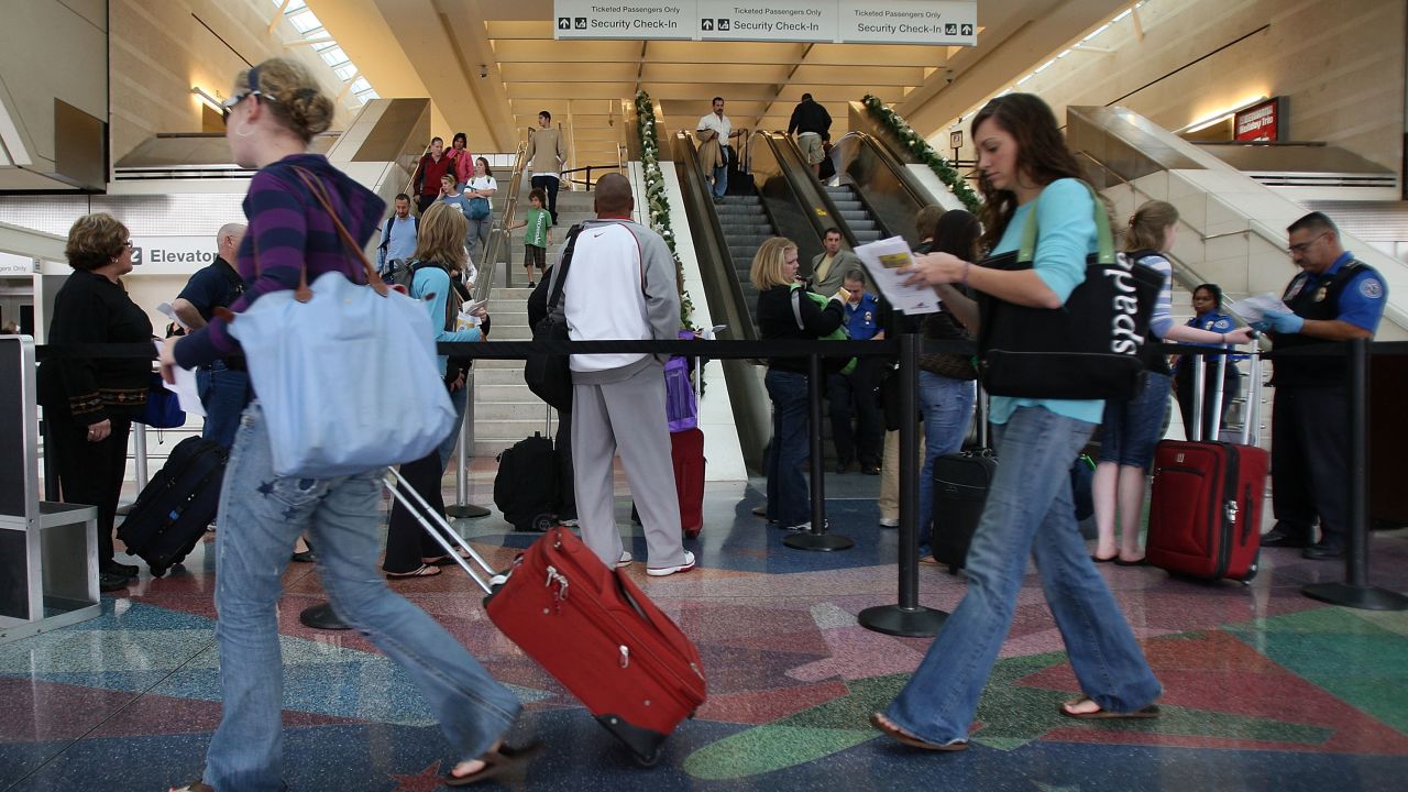 Travelers head for their flights at L.A./Ontario International Airport in California on the eve of a past Thanksgiving.