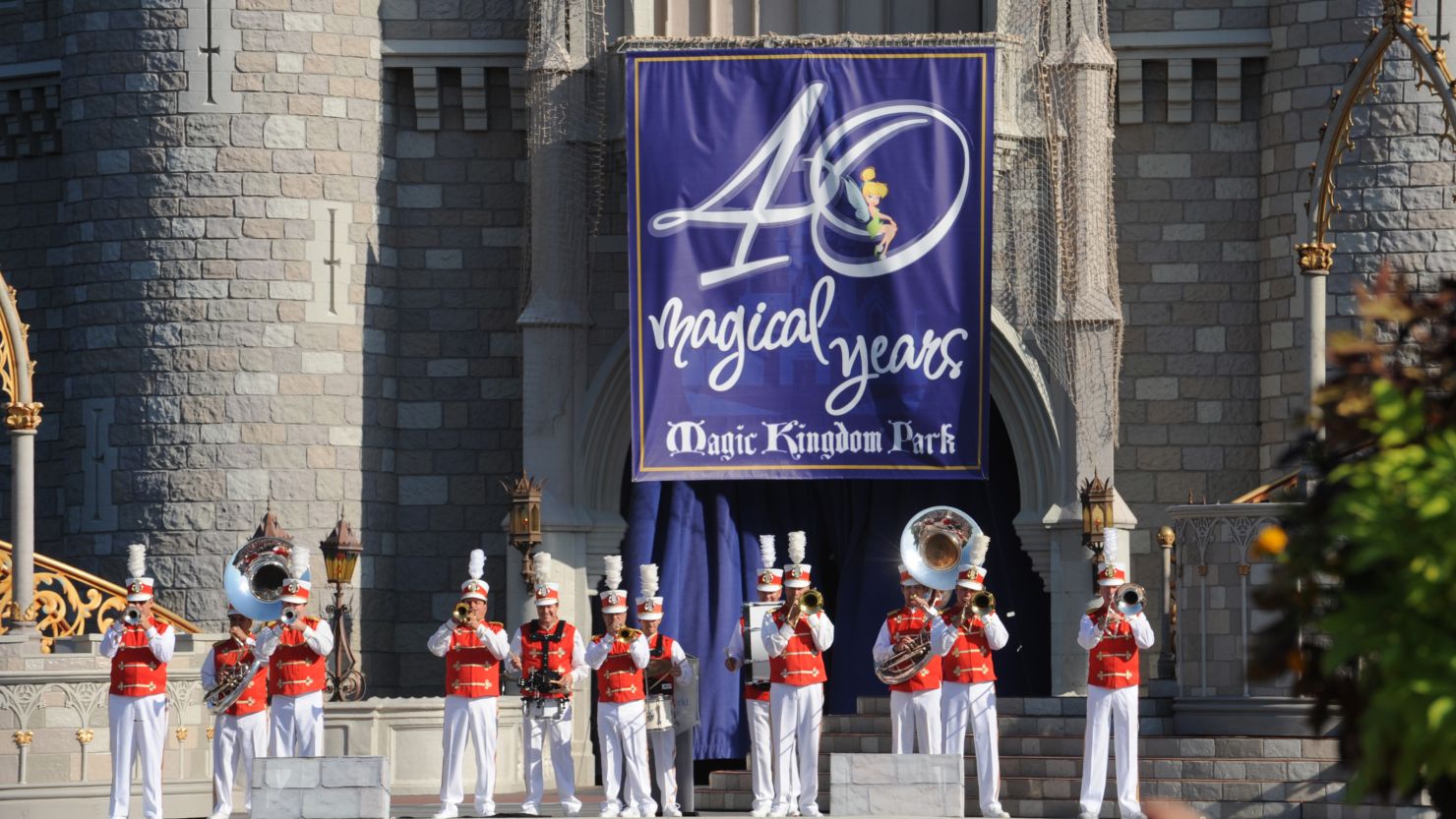 A band performs in front of Cinderella Castle during Walt Disney World's 40th anniversary celebration on October 1.