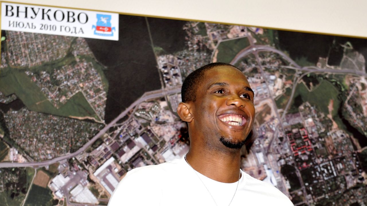 Eto'o speaks to reporters after his August 2011 transfer to Russian club Anzhi Makhachkala.