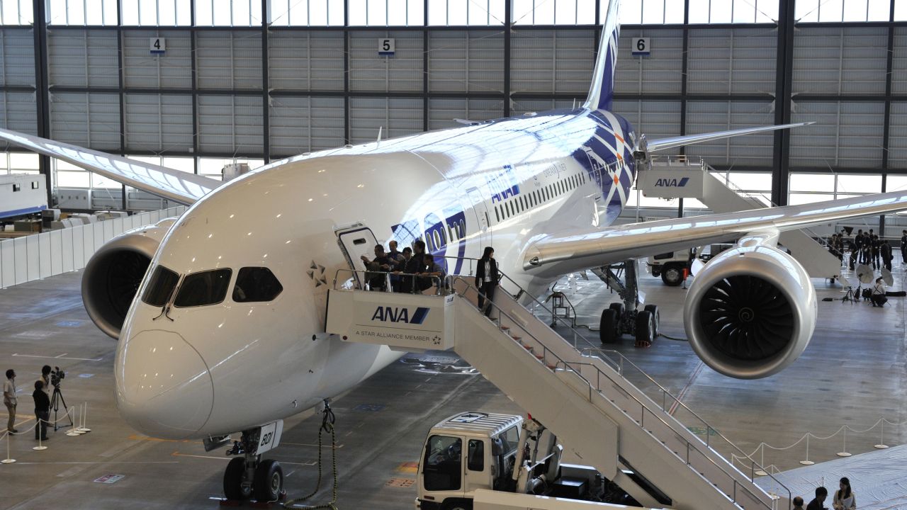 The first All Nippon Airways (ANA) Boeing 787 Dreamliner is displayed during a press preview at Tokyo's Haneda airport on September 28. 