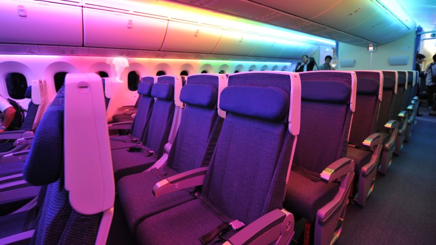 Economy class seats on board the first All Nippon Airways (ANA) Boeing 787 Dreamliner