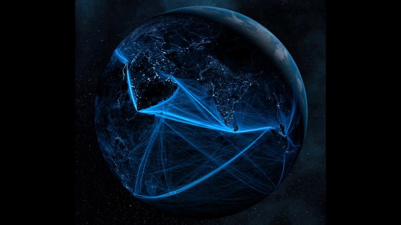 The Indian Ocean comes alive with electric blue shipping lane trails. Pharand's visualizations come in the same week as the U.N. says that global population figures are set to reach seven billion.