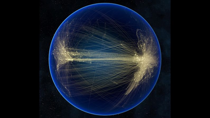 Canadian anthropologist Felix Pharand has created a series of computer-generated images that highlight the spread of technology on Earth. Here air-traffic routes between North America and Europe are shown on a satellite image of the Atlantic. 