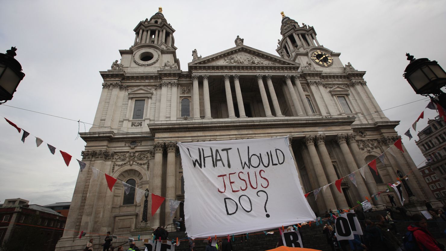 Protestors from the 'Occupy London Stock Exchange' demonstrate outside St Paul's Cathedral on October 22. 