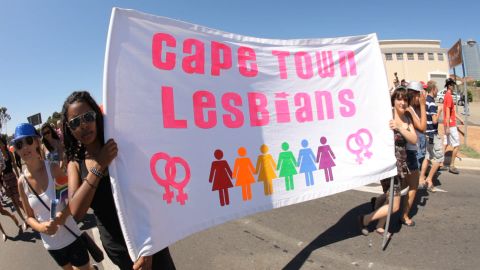 Thousands march through the streets of Cape Town during the city's pride weekend.