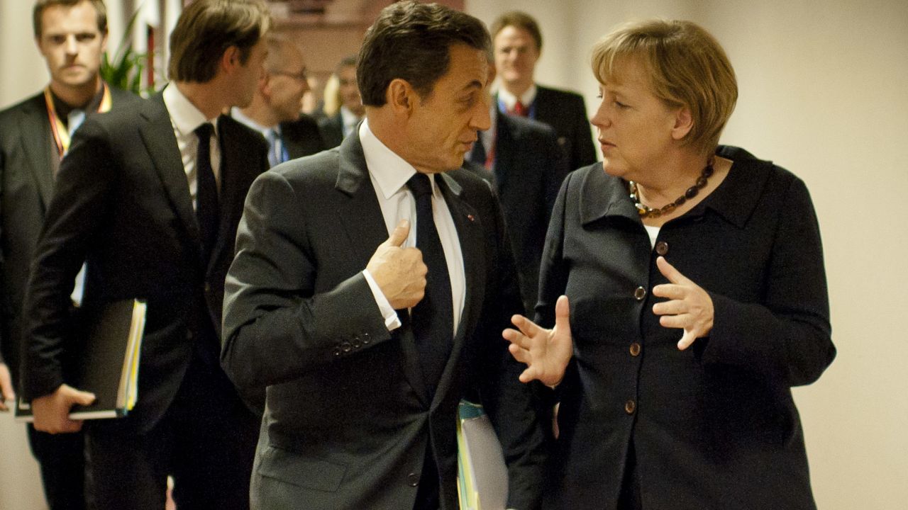 German Chancellor Angela Merkel and French President Nicolas Sarkozy attend an emergency meeting of EU leaders in Brussels.