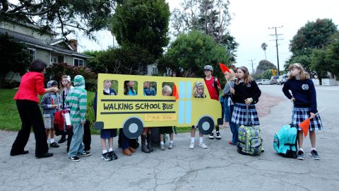 Students "ride" the Grand View Elementary Walking School Bus in Manhattan Beach.