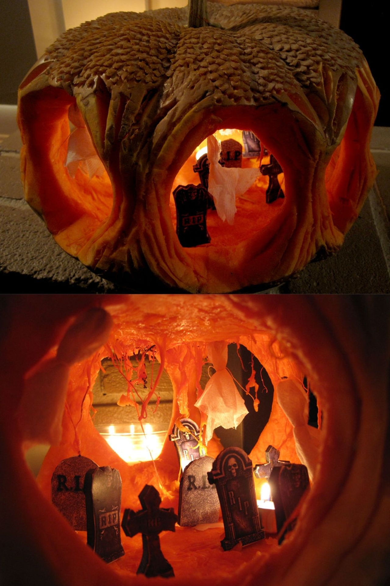 Rebecca Durnell of Cincinnati carved the intricate details of her haunted graveyard using the best implements on hand: a Dremel rotary tool, an X-Acto knife and manicure tools.