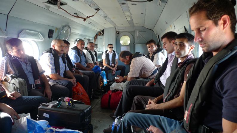 Oil workers travelling to Oil Rocks by helicopter.