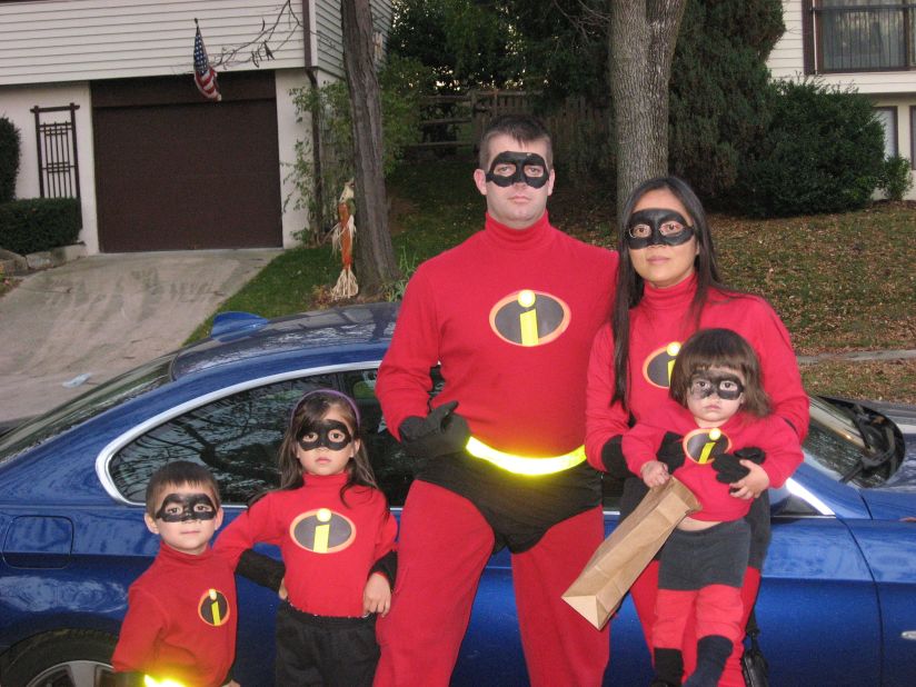 Matthew Harvey of Columbia, Maryland, says he and his family dressed up as "The Incredibles" in 2008 and decided to bring out the costumes again because "with only two kids it wasn't quite complete. So when our youngest was born, we knew we had to do it again." They made the costumes out of red sweats and black shorts and printed out  "The Incredibles" logo and taped it to their sweatshirts. 