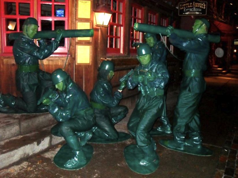 These green Army men figurine costumes took 10 hours to make -- per costume -- last year, according to iReporter Ellen Winter of Aspen, Colorado. She says she and her group struggled to paint everything green and keep the paint on certain materials. "Everyone loved the costumes; we stopped to pose everywhere, because the green Army men were never moving -- they are a stationary toy. I think everyone in our town has a photo of us on their camera."