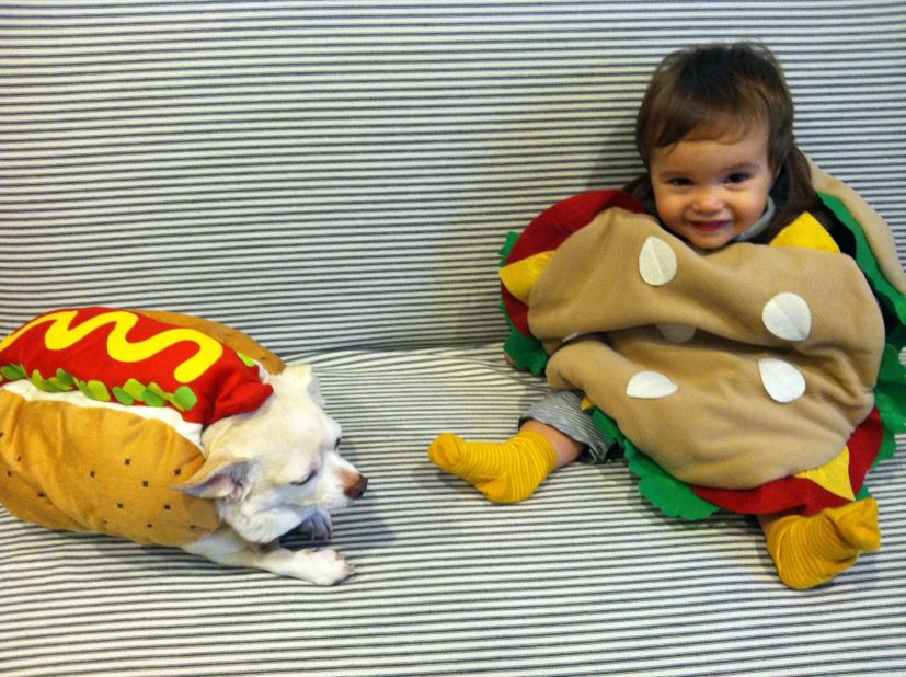 Try involving the entire family in a Halloween costume, like iReporter Catherine Schneider did with her baby burger and pet hot dog.