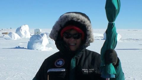 Renee-Nicole Douceur is shown at the National Science Foundation's Amundsen-Scott research station in Antarctica.