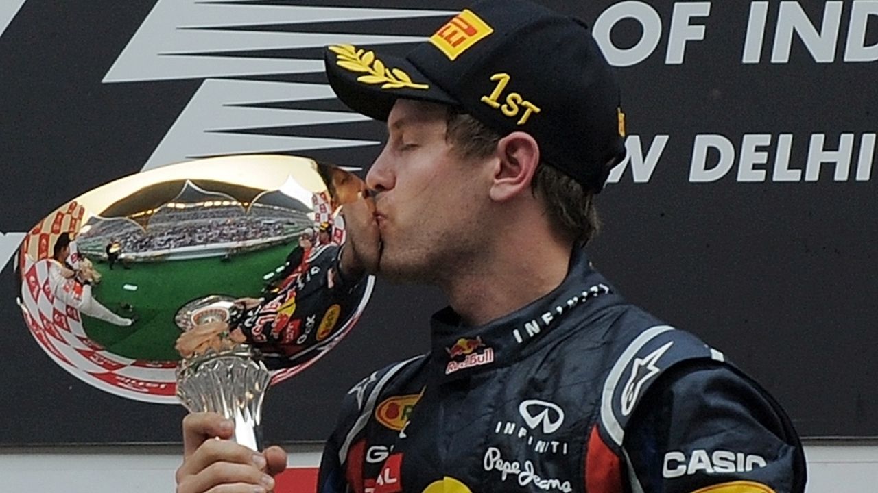 Sebastian Vettel celebrates his 11th victory of a dominant season in India
