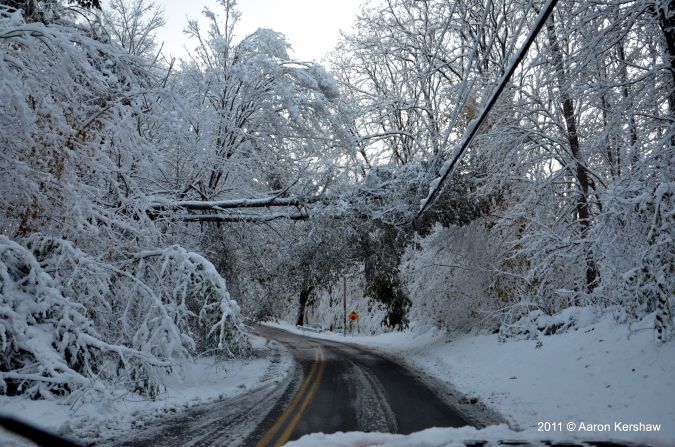 Aaron Kershaw, an iReporter from Putnam County, New York, captured the aftermath of the unexpected snow in his community on Sunday, October 30. "Lots of downed trees this late-morning, with the weight of the now wet snow makes for more breakage," said Kershaw.