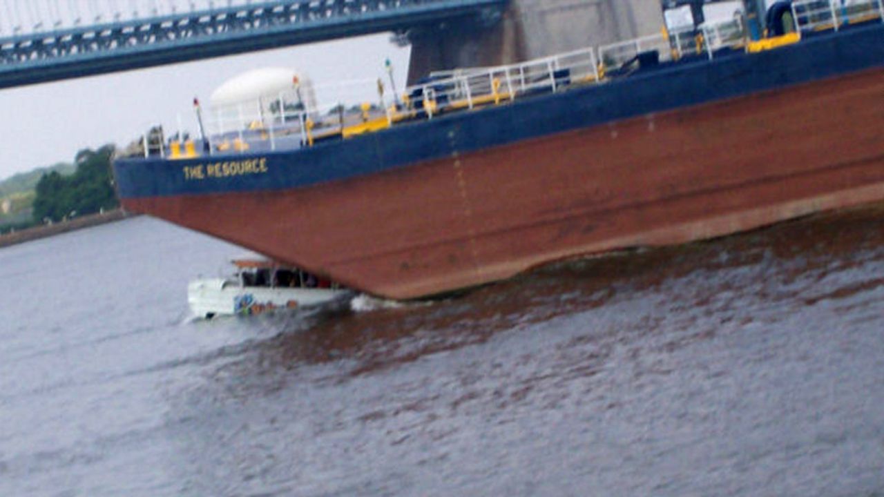 The tugboat towing a barge crashed into the sightseeing "duck boat" on the Delaware River in July 2010, killing two tourists.