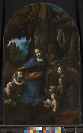 This is the title for two paintings with very similar subject matter and composition, one housed in the Louvre Museum in Paris, the other in The National Gallery in London (this version). The Louvre painting is thought to be the earlier. 'The Virgin of the Rocks' was commissioned as part of an elaborate sculpted altar for the oratory in the church of San Francesco in Milan in 1480. The painting was sent to France and da Vinci painted a replacement for the church.