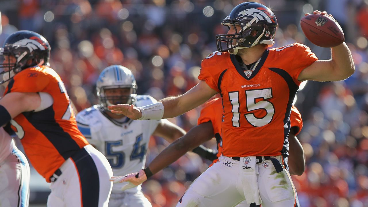 Quarterback Tim Tebow of the Denver Broncos delivers a pass against the Detroit Lions in October in Denver.