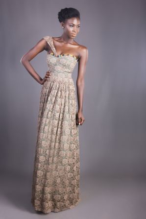 A model poses in a dress from the Christie Brown, the label of Ghanaian designer, Aisha Obuobi.