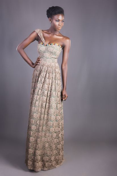 A model poses in a dress from the Christie Brown, the label of Ghanaian designer, Aisha Obuobi.