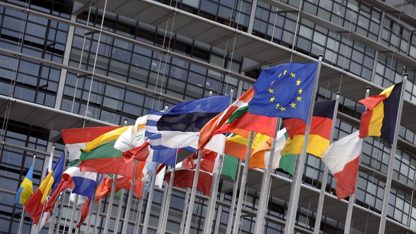 The flags of the countries which make up the European Union, outside the European Parliament in Strasbourg, France.
