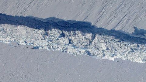 The crack that produced the iceberg is seen in October 2011.