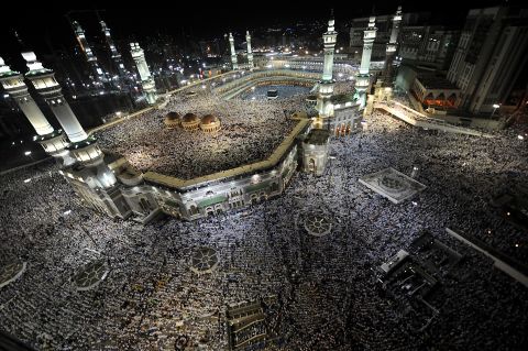 Tens of thousands of Muslim piligrims perform the evening prayer in Mecca's's Grand Mosque on Wednesday, November 2.
