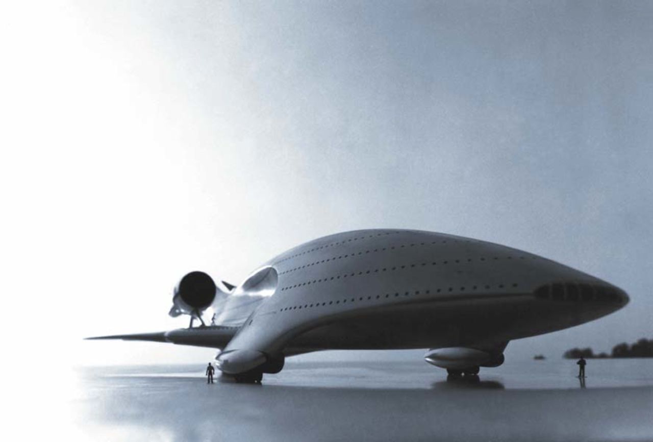 Colani's mega-passenger aircraft from 1977 is based on the shape of the Megalodon shark. It has four flight decks and swing-wings at the rear. Each flight deck can seat up to 1,000 passengers.