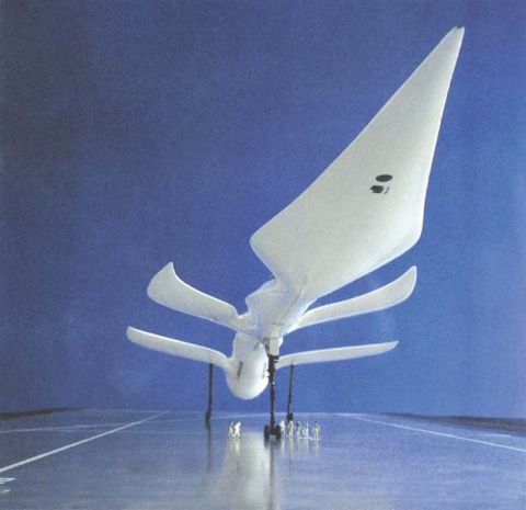 Study for a Mach five passenger aircraft, 1983. The huge engine sucks in air through the perforated outer edge of the aircraft body. The four-winged supersonic plane was meant to cover the distance between Tokyo and London in just three hours.