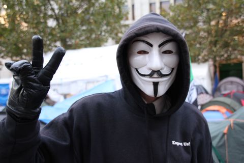 A member of Anonymous UK at the Occupy London camp outside St. Paul's Cathedral in London last November.