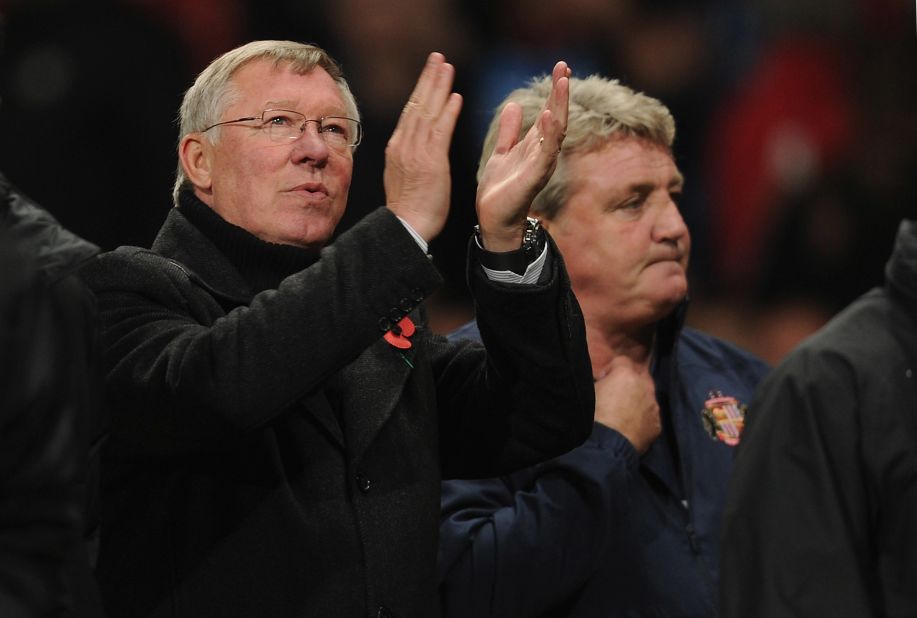 Ferguson with Sunderland manager Steve Bruce, who was his United captain and a key player for nine years at Old Trafford.  