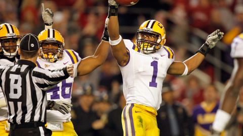 Eric Reid of the LSU Tigers reacts after catching a key interception during the team's 9-6 win over the Alabama Crimson Tide.